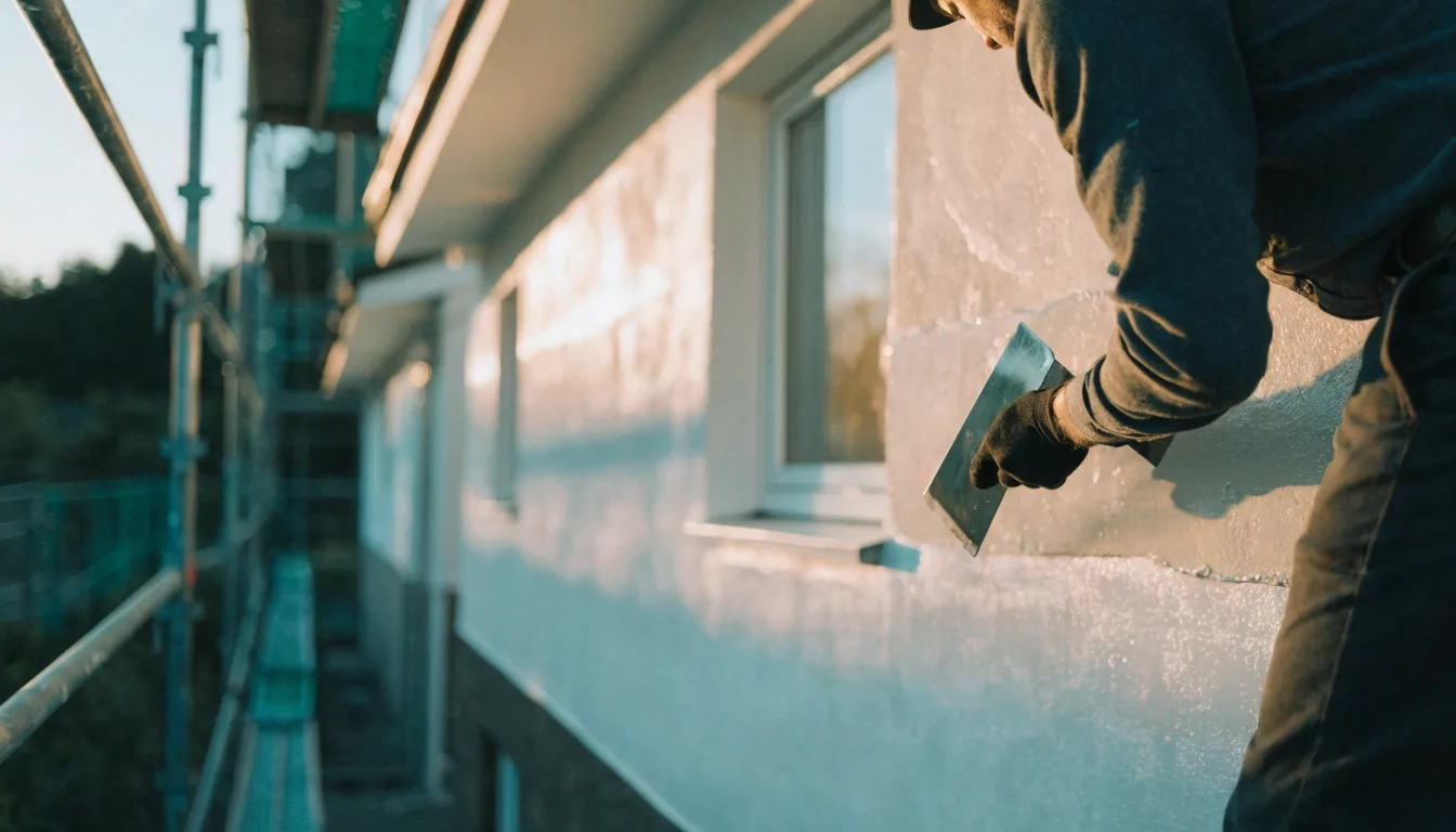 Handwerker von Neuberger Bau- und Dämmtechnik verputzt eine Hausfassade in Minden